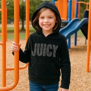Juicy Couture Kids Hoodie Sz 7 Black Velour Pullover “JUICY” Rhinestone Logo